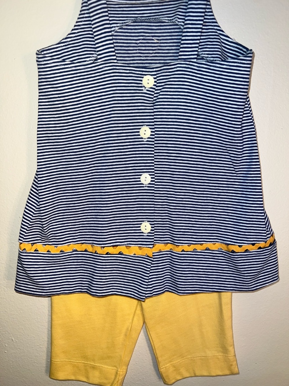 Vintage Striped Navy & White Tank with Yellow Fish Applique and yellow Capris - Picture 6 of 7